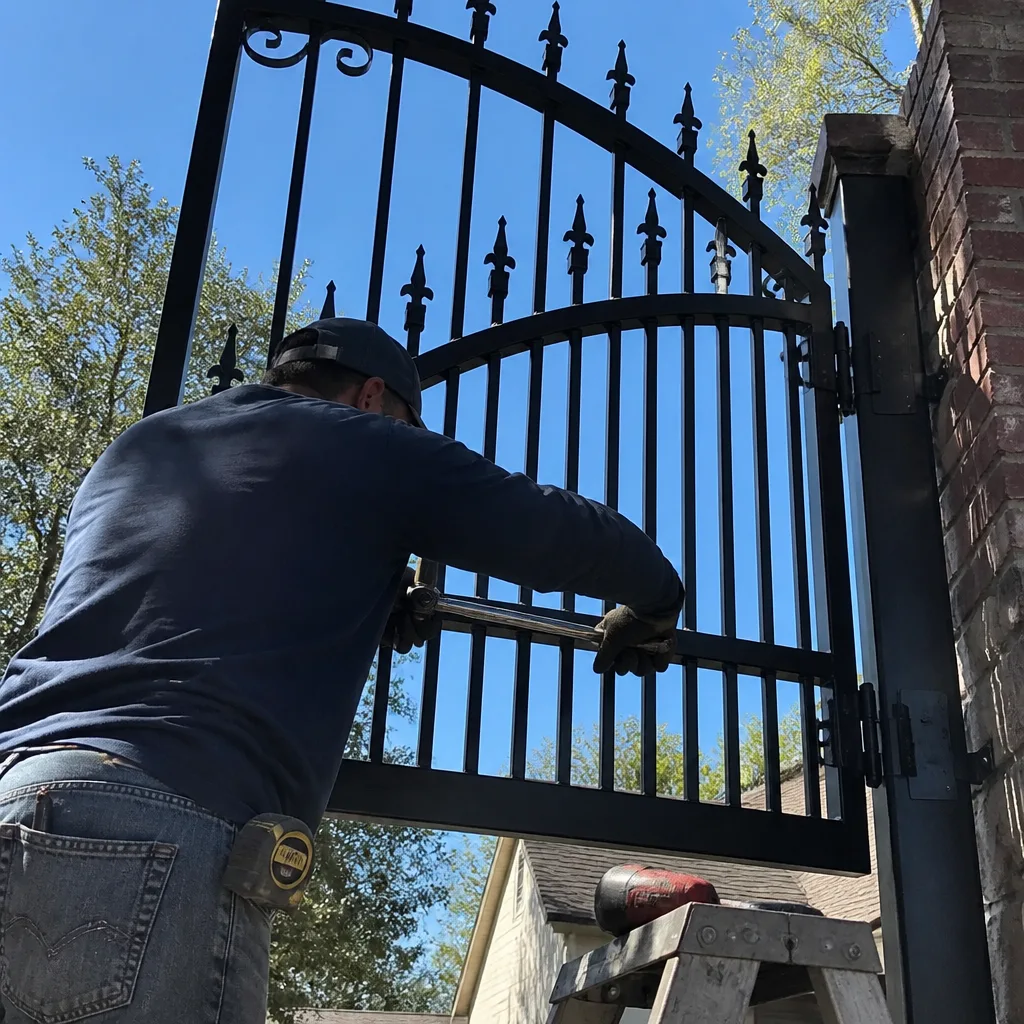 Professional technician installing a custom decorative black metal gate