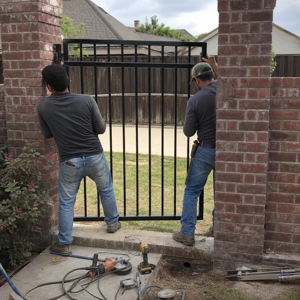 Two professional workers performing a custom metal gate installation project.