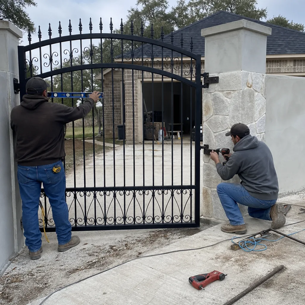 Two professional technicians installing a black wrought iron driveway gate.